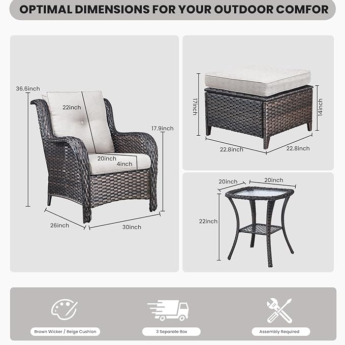 Belord Outdoor Wicker Furniture 5 Pieces Patio Furniture Set Patio Chairs with Ottomans and Side Table Conversation Set - Photo 2