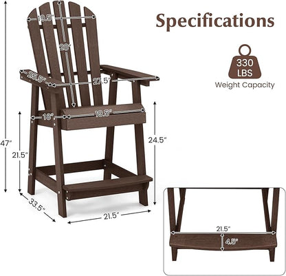 Tangkula Outdoor Bar Stool, HDPE Tall Adirondack Chair with Armrest & Footrest, Weather Resistant 47 Inch Counter Height Barstool Lifeguard Chair for Pool Deck Patio Garden, Balcony Chairs (2, Brown)