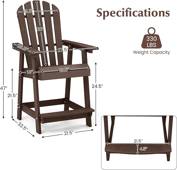 Tangkula Outdoor Bar Stool, HDPE Tall Adirondack Chair with Armrest & Footrest, Weather Resistant 47 Inch Counter Height Barstool Lifeguard Chair for Deck Patio Garden, Balcony Chairs (4, Brown)