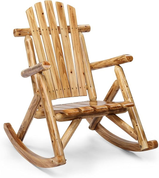 Outvita Wooden Rocking Chair, Fir Log Adirondack Rocker, Outdoor Wood Accent Furniture Lounge Chairs for Garden Patio Backyard Porch (Light carbonized)
