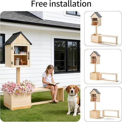 3-in-1 Outdoor Library Book Exchange Box with Bench & Planter Solid Pine Wood DIY Neighborhood Share Box Ground Mount Kit for Garden, School, Community
