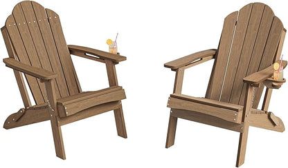 Foldable HDPE Adirondack Chairs Set of 2, Garden, Lawn, Backyard, All-Weather Outdoor Furniture, Hidden Cup Holder, Brown
