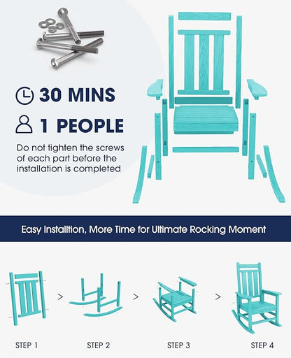 KINGYES Oversized Outdoor Rocking Chair, All-Weather Patio Rocking Chairs for Porch, HDPE Outdoor Patio Rockers with High Back & Wide Seat for Garden, Lawn, Aruba