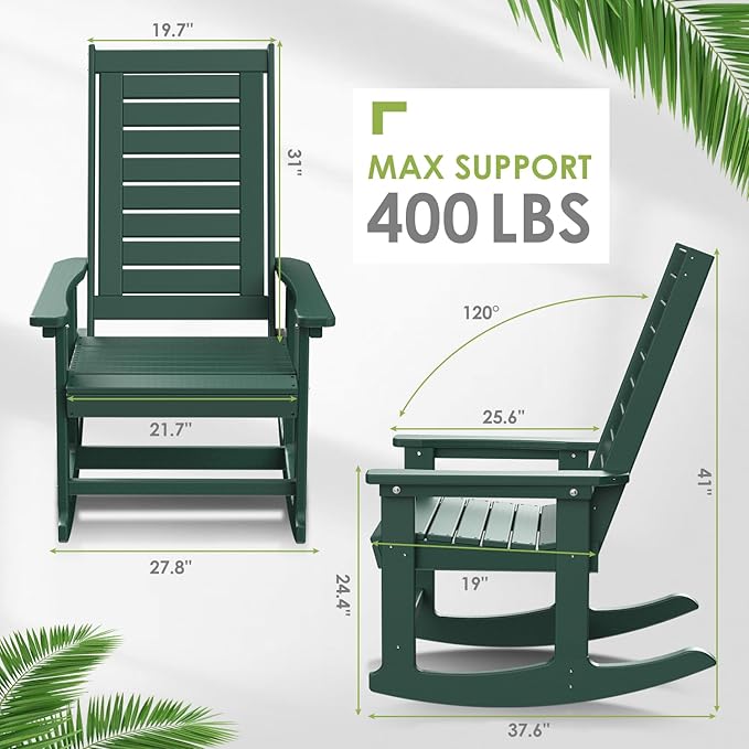 GREENVINES Outdoor Rocking Chairs | Set of 4 | Porch Rocker | HDPE Plastic | Forest | Oversized Rockers | High Back - Photo 3