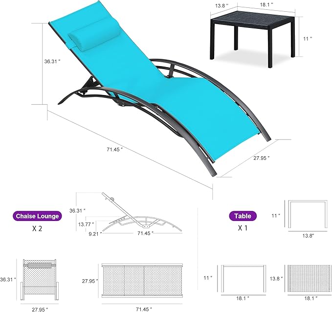 PURPLE LEAF Patio Oversized Chaise Lounge Chair Set with Side Table Poolside Adjustable Recliner Chairs for Outside - Photo 4