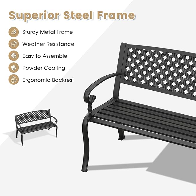 VICLLAX Outdoor Garden Bench, Metal Frame Patio Bench with Twist Circle Design Backrest for Porch Yard Lawn Deck, Black