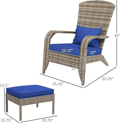 Outsunny Patio Wicker Adirondack Chair with Ottoman, Outdoor Fire Pit Chair with Cushions, High-Back, Large Seat & Armrests for Deck, Garden & Backyard, Dark Blue