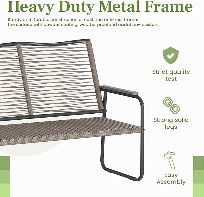 AECOJOY Outdoor Garden Bench, Weatherproof Wicker Outside Benches Clearance, Black Patio Loveseat with Backrest Armrests for Lawn Yard Porch Work Entryway (Brown Vine Back)