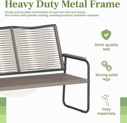 AECOJOY Outdoor Garden Bench, Weatherproof Wicker Outside Benches Clearance, Black Patio Loveseat with Backrest Armrests for Lawn Yard Porch Work Entryway (Brown Vine Back)