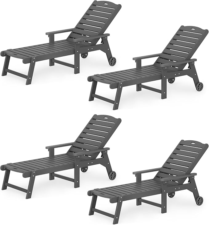 LUE BONA Lounge Chair Outdoor Set of 4, HDPS Chaise Lounge Outdoor with Wheels, 5 Positions Adjustable Pool Lounger Chairs for Outside, Patio, Dark Gray