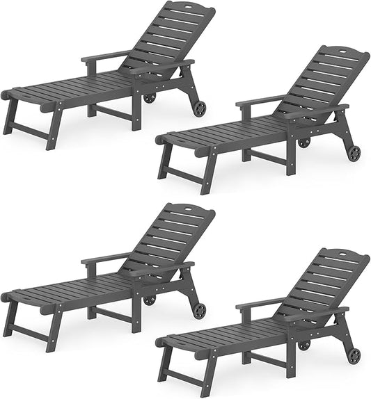 LUE BONA Lounge Chair Outdoor Set of 4, HDPS Chaise Lounge Outdoor with Wheels, 5 Positions Adjustable Pool Lounger Chairs for Outside, Patio, Dark Gray