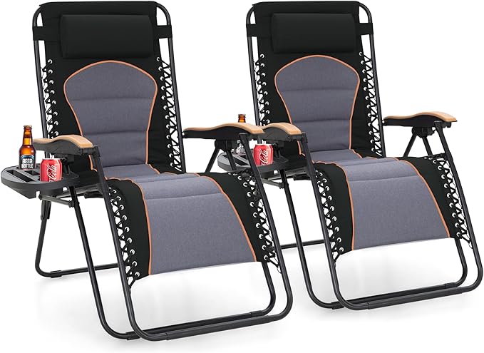 Sophia & William Oversized XXL Zero Gravity Chair Set of 2, Outdoor Recliner Folding Zero Gravity Lounge Chair Outdoor Gravity Chair with Free Cup Holder, Supports 400 LBS (Black)