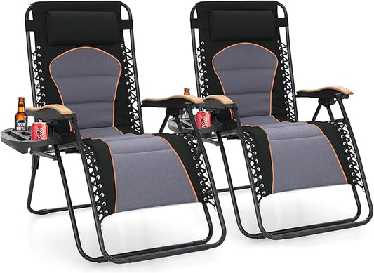 Sophia & William Oversized XXL Zero Gravity Chair Set of 2, Outdoor Recliner Folding Zero Gravity Lounge Chair Outdoor Gravity Chair with Free Cup Holder, Supports 400 LBS (Black)