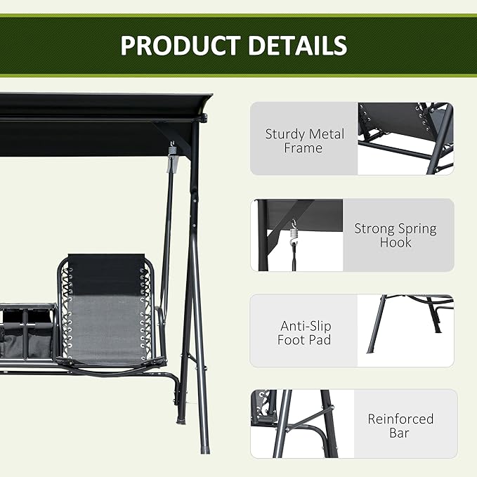 Outsunny 2-Seat Patio Swing Chair, Outdoor Canopy Swing Glider with Pivot Storage Table, Cup Holder, Adjustable Shade - Photo 6