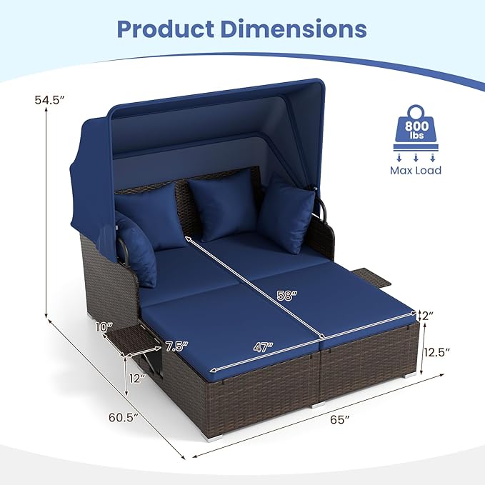 Tangkula Patio Rattan Daybed with Retractable Canopy, Outdoor Wicker Sunbed with 2 Foldable Side Tables - Photo 5