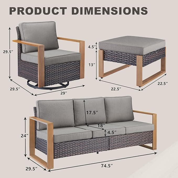Rilyson Outdoor Wicker Patio Furniture Set - 5 Piece Patio Conversation Set with 2 Wicker Swivel Rocker Chairs,2 Rattan Ottoman and 1 Couch,Thick Cushions,Deep Seating,Wide Armrest(Brown/Grey)