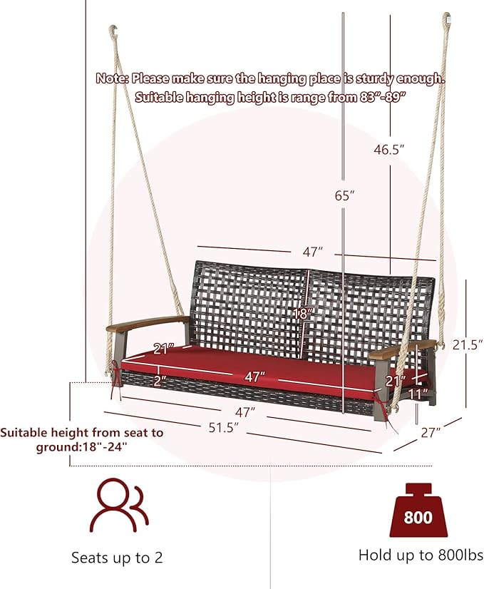 Tangkula 2 Person PE Wicker Porch Swing Bench, Outdoor Hanging Swing with Soft Seat Cushion and Hanging Ropes(Length of 118" for Each Chain), 800 LBS Weight Capacity