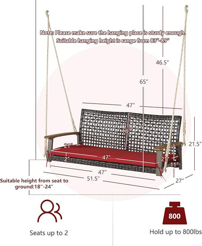 Tangkula 2 Person PE Wicker Porch Swing Bench, Outdoor Hanging Swing with Soft Seat Cushion and Hanging Ropes(Length of 118" for Each Chain), 800 LBS Weight Capacity