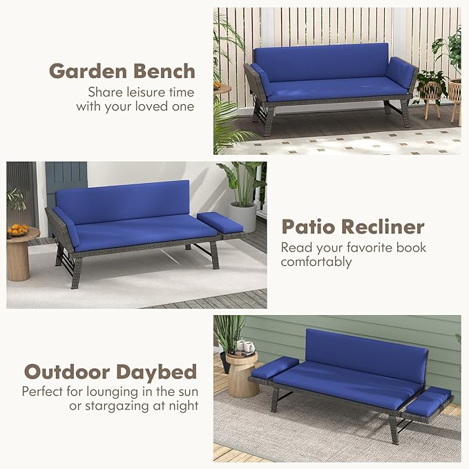 Tangkula Outdoor Convertible Sofa Daybed with Adjustable Armrests, PE Rattan Patio Couch Furniture with Thick Cushions - Photo 7