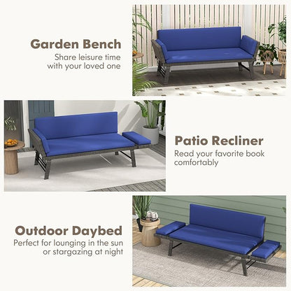 Tangkula Outdoor Convertible Sofa Daybed with Adjustable Armrests, PE Rattan Patio Couch Furniture with Thick Cushions, for Porch, Balcony, Backyard, Poolside (Navy)