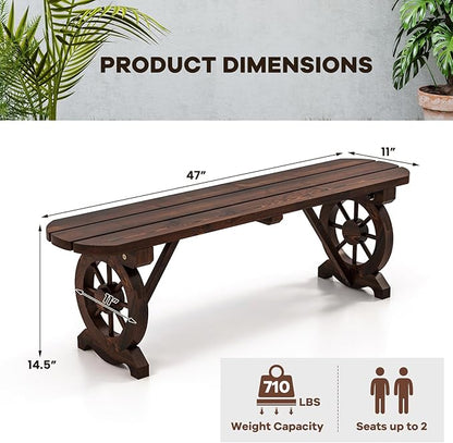HAPPYGRILL Patio Wood Bench Outdoor Rustic Wagon Wheel Bench w/Carbonized Finish & Fir Construction, 2-Person Wooden Outdoor Bench for Patio, Garden, Porch, Park