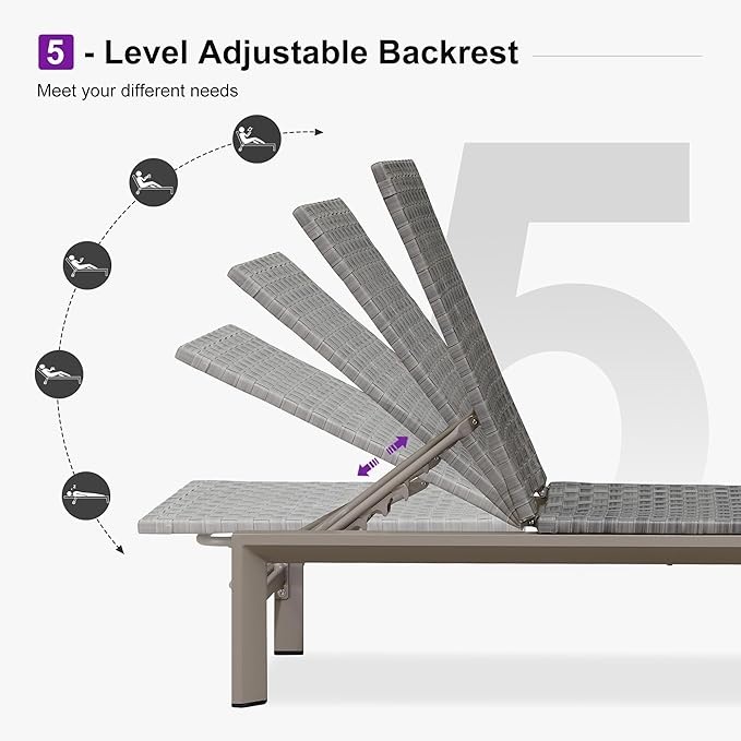 PURPLE LEAF Patio Chaise Lounge Rattan Chair Outdoor Pool Adjustable Recliner Wicker Lounger for Outside Woven Furniture Tanning Poolside Lounger Slate Gray