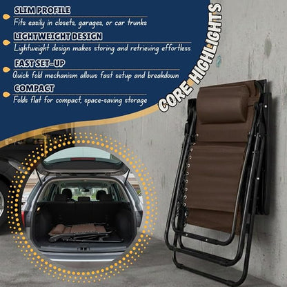 EZONE 1 - Chair Zero Gravity Lounge Chair Outdoor Adjustable Reclining Patio Chair Steel Mesh Folding Recliner for Pool Beach Camping Lounge Chair with Pillow and Cup Tray (1, Brown)