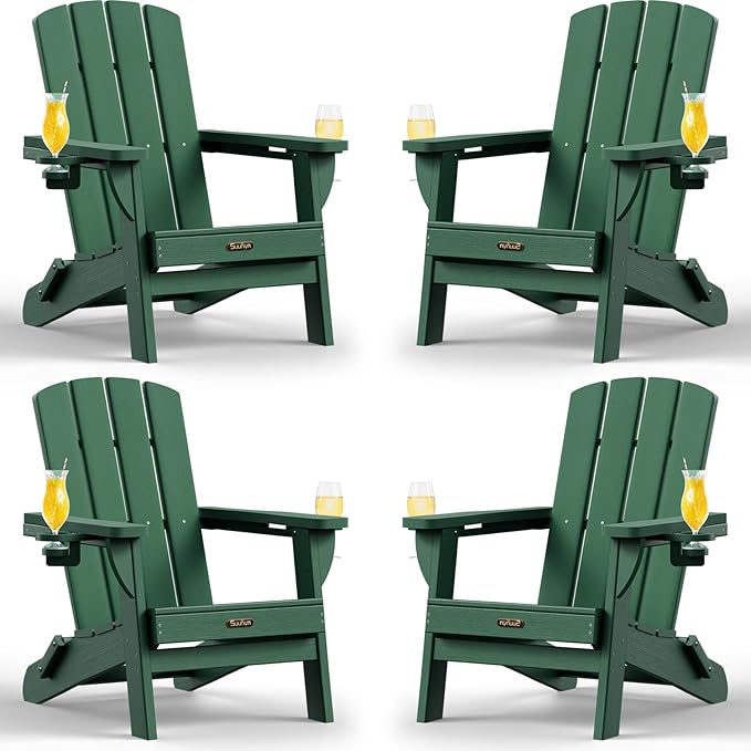 Folding Adirondack Chair 4 Pack, HDPE All-Weather Fire Pit Chairs, Plastic Adirondack Chairs with 2 Cup Holder - Photo 1