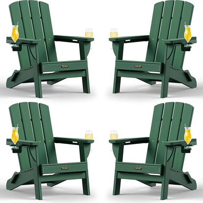 Folding Adirondack Chair 4 Pack, HDPE All-Weather Fire Pit Chairs, Plastic Adirondack Chairs with 2 Cup Holder, Outdoor Lawn Chair for Patio Garden (Green)
