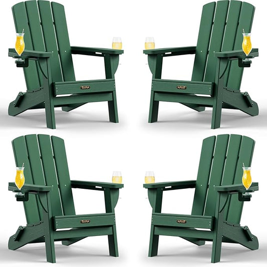 Folding Adirondack Chair 4 Pack, HDPE All-Weather Fire Pit Chairs, Plastic Adirondack Chairs with 2 Cup Holder, Outdoor Lawn Chair for Patio Garden (Green)