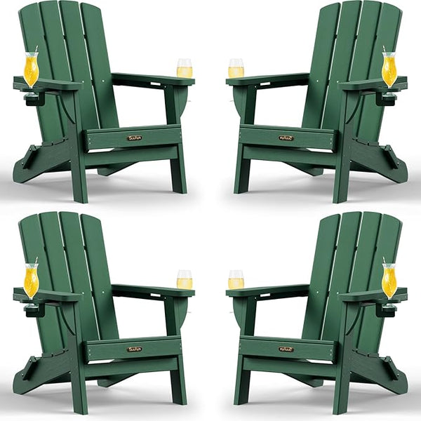 Folding Adirondack Chair 4 Pack, HDPE All-Weather Fire Pit Chairs, Plastic Adirondack Chairs with 2 Cup Holder - Photo 1