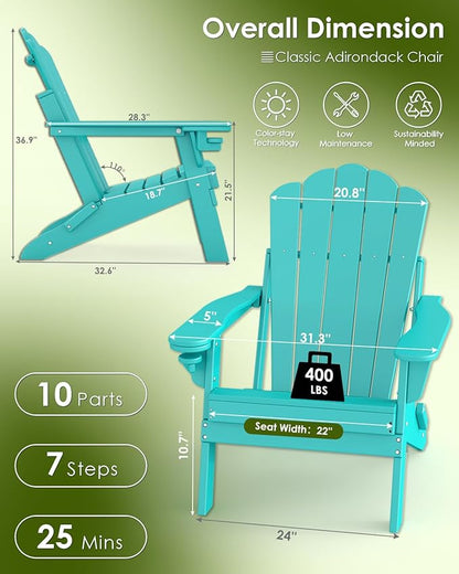 GREENVINES Oversized-Folding-Adirondack-Chairs-Set-of-2 | HDPE Plastic | Cup Holder | Fire Pit Chair | All Weather | for Outdoor Deck Backyard | Aqua