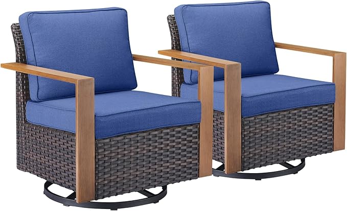 Rilyson Outdoor Swivel Patio Rocker Chairs - Wicker Rattan Patio Swivel Rocking Chairs Set of 2 with Metal Wide Armrest, Thick Cushions and Deep Seating for Deck Porch Sunroom Garden(Brown/Blue)