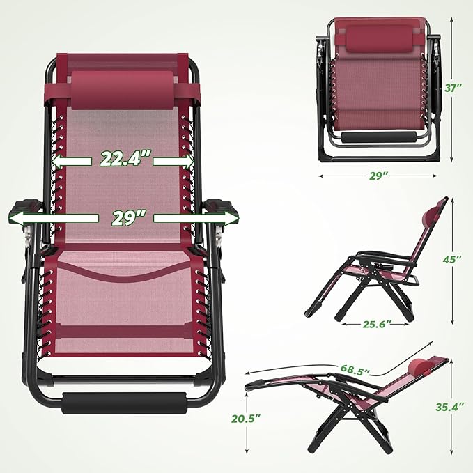 ZENPETIO 29In XL Zero Gravity Chair w/Cushion, Zero Gravity Recliner Lounge Chair for Indoor and Outdoor - Photo 3