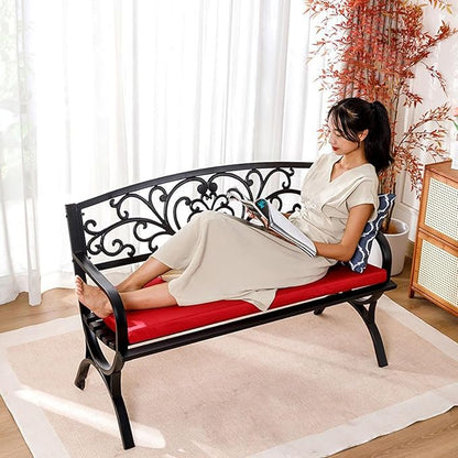 Outdoor Metal Garden Bench with Armrests - Slatted Patio Park Seating for Yard, Porch, Lawn, Balcony, Backyard - Durable Black & Red Finish
