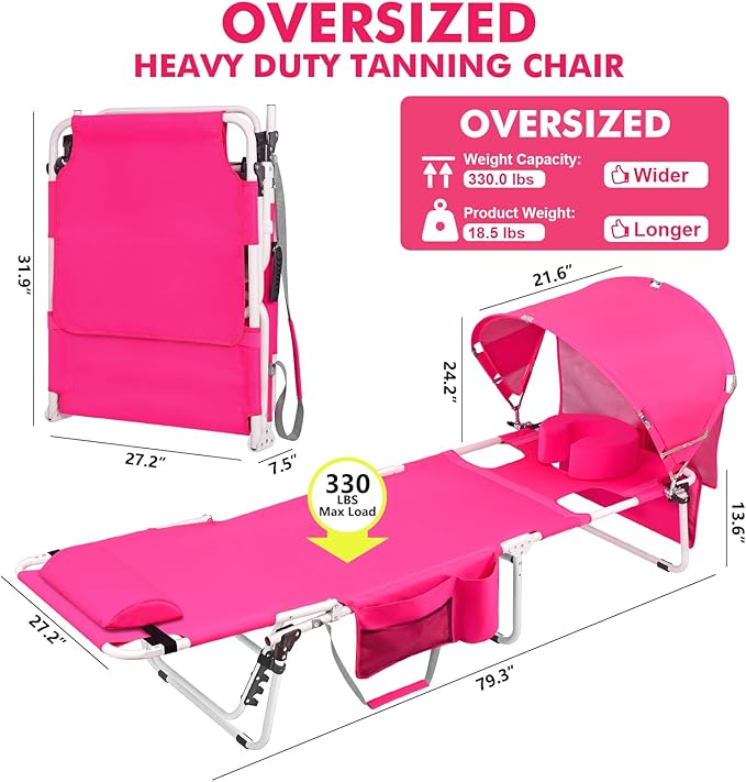 Oversized Extra Wide Tanning Chair with Sun Canopy Face Hole Padded Adjustable Washable, Heavy Duty Layout Folding Lounge Chair for Outside Beach Reading Sunbathing, UPF 50+, XL, Pink, 330 LBS
