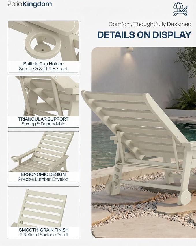 Adjustable Lounge Chair Outdoor Set of 6, HDPE Outdoor Chaise Lounge with Cup Holder & Wheels - Photo 3