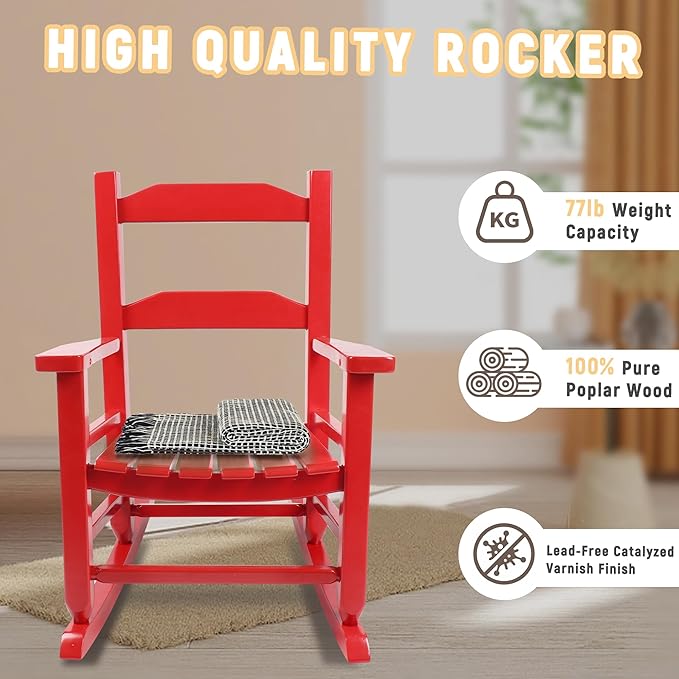 Toddler Rocking Chair Set of 2 for Kids Comfy Recliner Wooden Rocker for Baby Children Ages 3-6 Outdoor Lounge Chair Girls Indoor Playroom Red