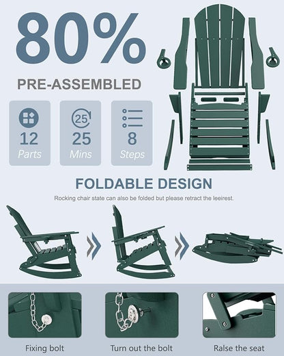 Adirondack Rocking Chairs Set of 4 with Retractable Ottoman, All Weather Folding Adirondack Chair with Two Cup Holders, Adirondack Outdoor Rocking Chairs for Porch, Patio, Balcony. Dark Green