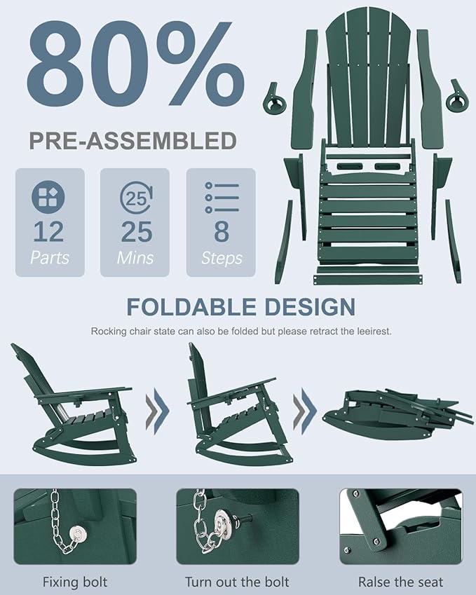 Adirondack Rocking Chairs Set of 2 with Retractable Ottoman, All Weather Folding Adirondack Chair with Two Cup Holders, Adirondack Outdoor Rocking Chairs for Porch, Patio, Balcony. Dark Green