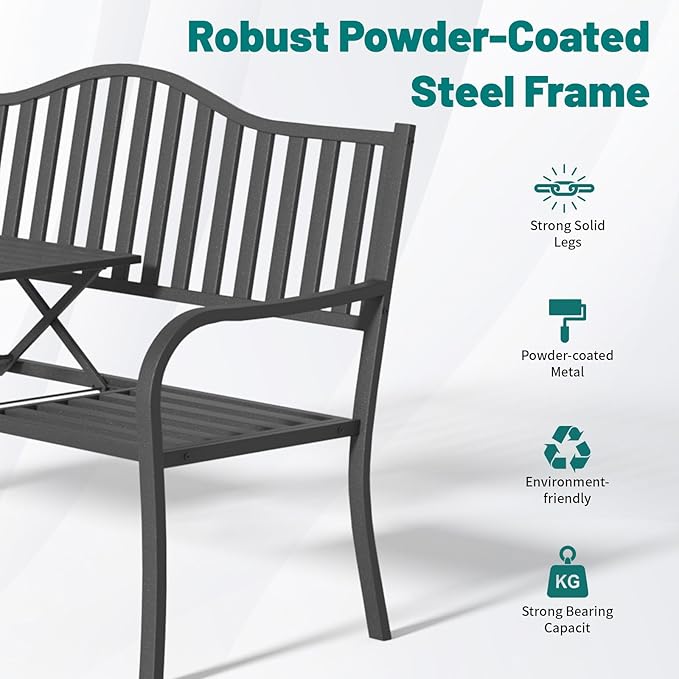 2 in 1 Metal Bench Patio Bench, Outdoor Benches Weatherproof with Folding Middle Table - Photo 8