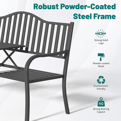 2 in 1 Metal Bench Patio Bench, Outdoor Benches Weatherproof with Folding Middle Table, Wrought Iron Garden Benches for Outdoors, Patio, Garden, Park
