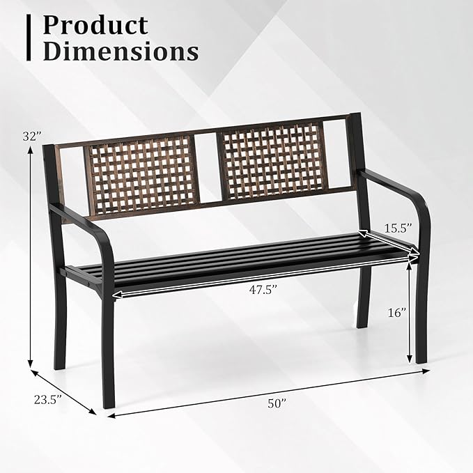 Tangkula 50” Outdoor Metal Park Bench, Outdoor Garden Bench for 2-3 People with Rattan-Like Backrest & Curved Armrests, Heavy-Duty Patio Modern Slatted Seating for Backyard, Poolside, Porch
