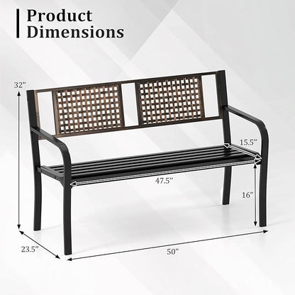 Tangkula 50” Outdoor Metal Park Bench, Outdoor Garden Bench for 2-3 People with Rattan-Like Backrest & Curved Armrests, Heavy-Duty Patio Modern Slatted Seating for Backyard, Poolside, Porch