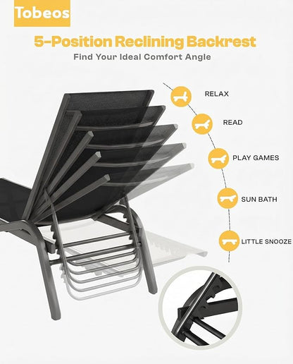 Outdoor Chaise Lounge Chair Set of 2, 5-Position Adjustable Patio Lounge Chair with Aluminum Frame, Textilene Fabric Pool Loung Chairs for Poolside, Deck, Backyard (Black)