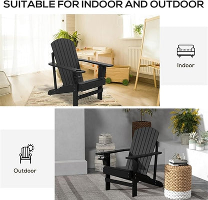 Folding Adirondack Chair, Weather Resistant Outdoor Patio Chair with Cup Holder for Lawn, Backyard, Poolside(Black)