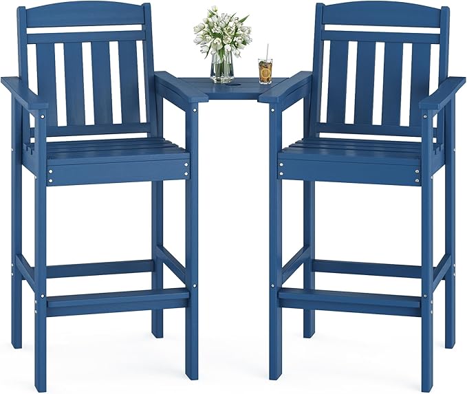 Soohow Tall Adirondack Chairs Set of 2, HDPE Adirondack Bar Stools with Connecting Tray, Bar Height Adirondack Chair Patio Barstool, Ideal All Weather Tall Patio Chair for Balcony, Poolside, Backyard