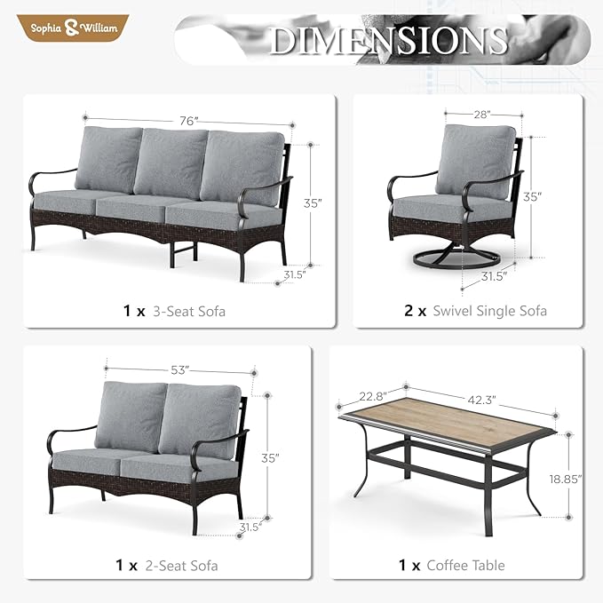 Sophia & William Patio Furniture Set, 5 Piece Metal Outdoor Conversation Set with 3-Seater Outdoor Couch - Photo 7