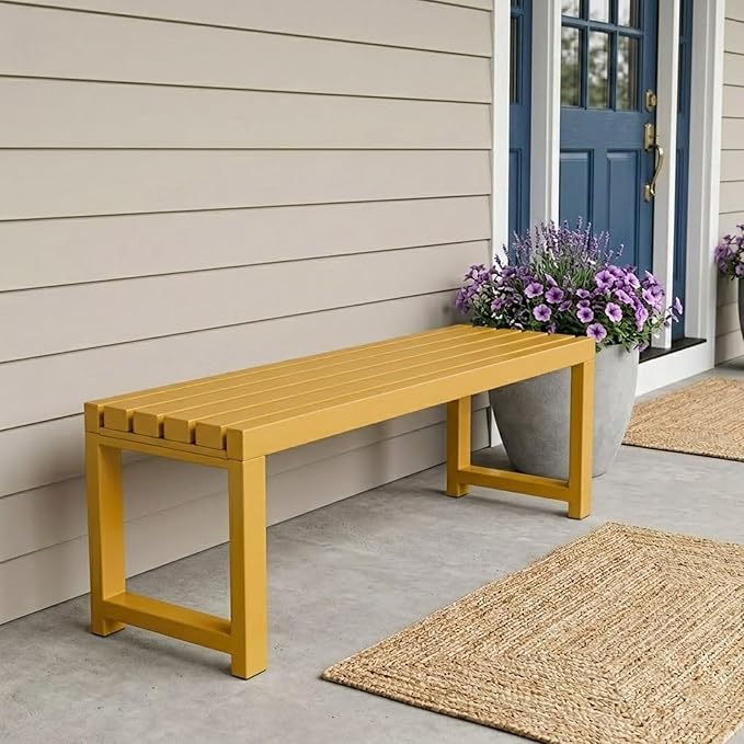 Backless Patio Bench Outdoor Metal Bench, 3.3ft 3.9ft 4.9ft 5.9ft Weatherproof Garden Benches 2-Person Outside Chair for Yard Porch Entryway Sturdy Steel Frame Furniture(Yellow,3.3ft)