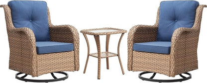 Rilyson Patio Chairs Rocking Swivel Chiar - 3 Piece Outdoor Wicker Patio Bistro Set Rattan Rocker Glider Chairs with High Back and Deep Seating for Outside Porch Deck Garden(Yellow/Blue)